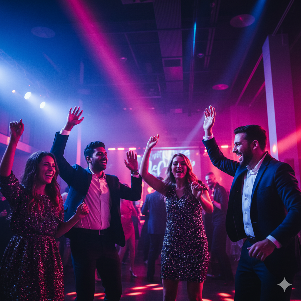 Group of four joyful partygoers dancing with raised hands, vibrant lighting, and a festive atmosphere, capturing candid moments of celebration at an event, reflecting the essence of lifestyle photography.