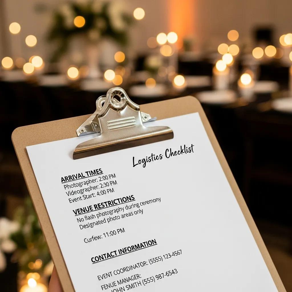 Logistics checklist on clipboard detailing arrival times, venue restrictions, and contact information for event photography coordination.