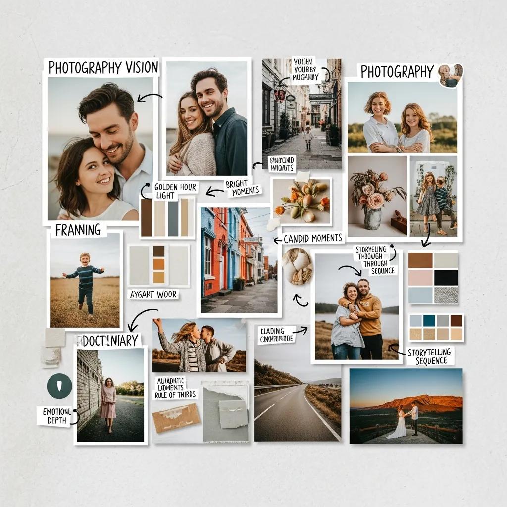 Mood board illustrating various photography styles and emotional tones, emphasizing intimacy, candid moments, and documentary storytelling for event coverage.
