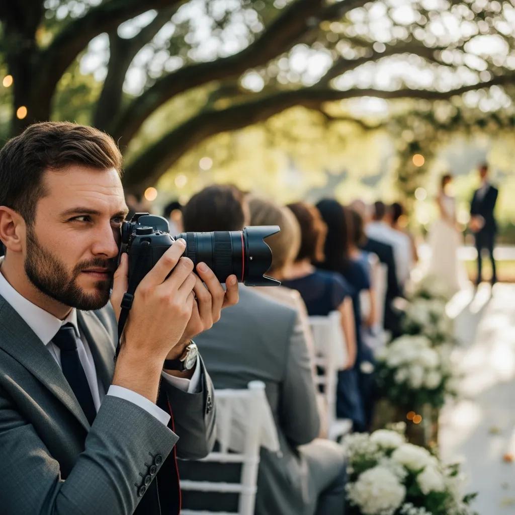 Photographer capturing emotional moments during a wedding ceremony, focusing intently with a professional camera, surrounded by guests in a natural outdoor setting.