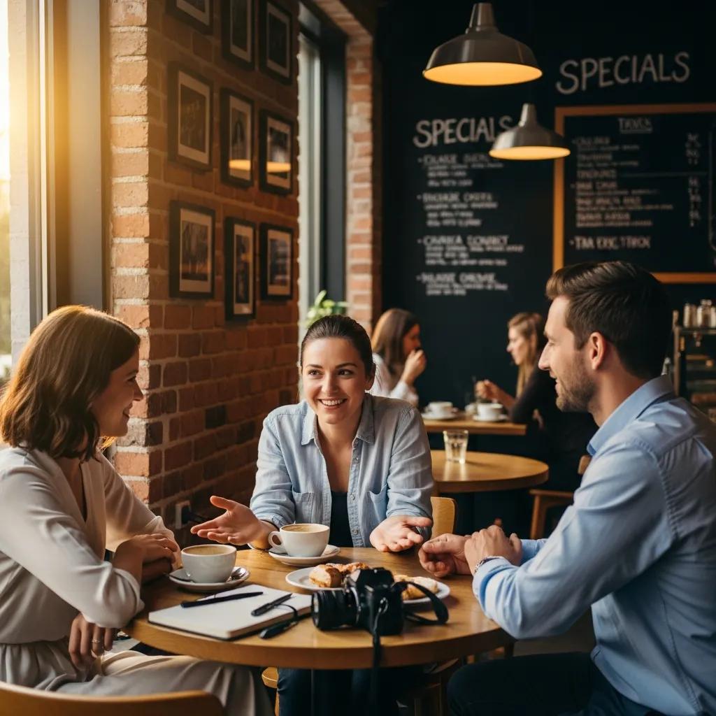 Friends building rapport over coffee in a cozy café, engaging in conversation with relaxed body language, emphasizing comfort for candid moments in event photography.