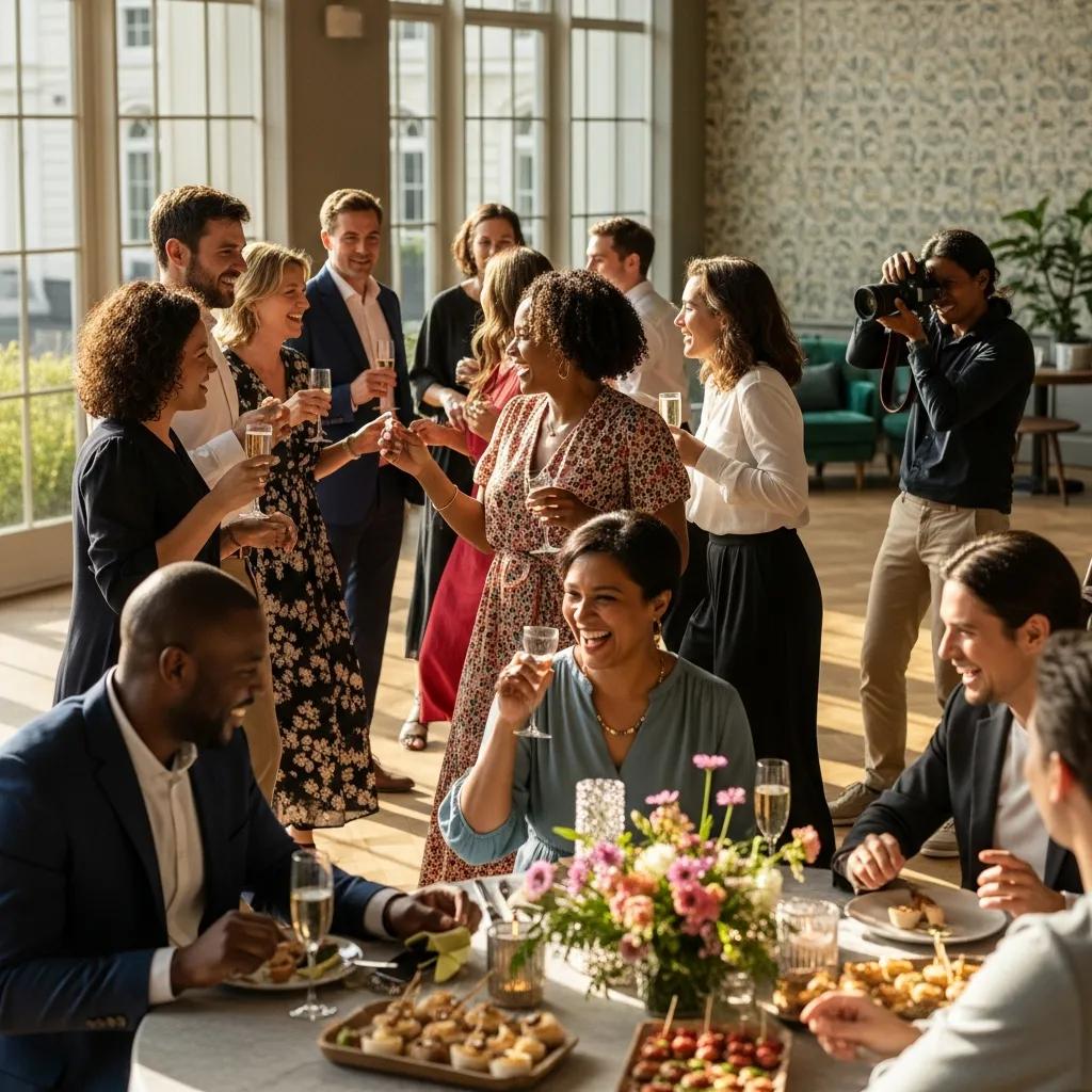 Photographer capturing joyful interactions among guests at a lively private event, showcasing candid moments and emotional connections.