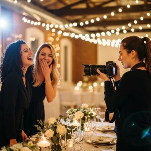 Photographer capturing genuine emotions of two women laughing at a beautifully decorated event table with warm lighting and floral arrangements, showcasing candid interactions in a lively atmosphere.